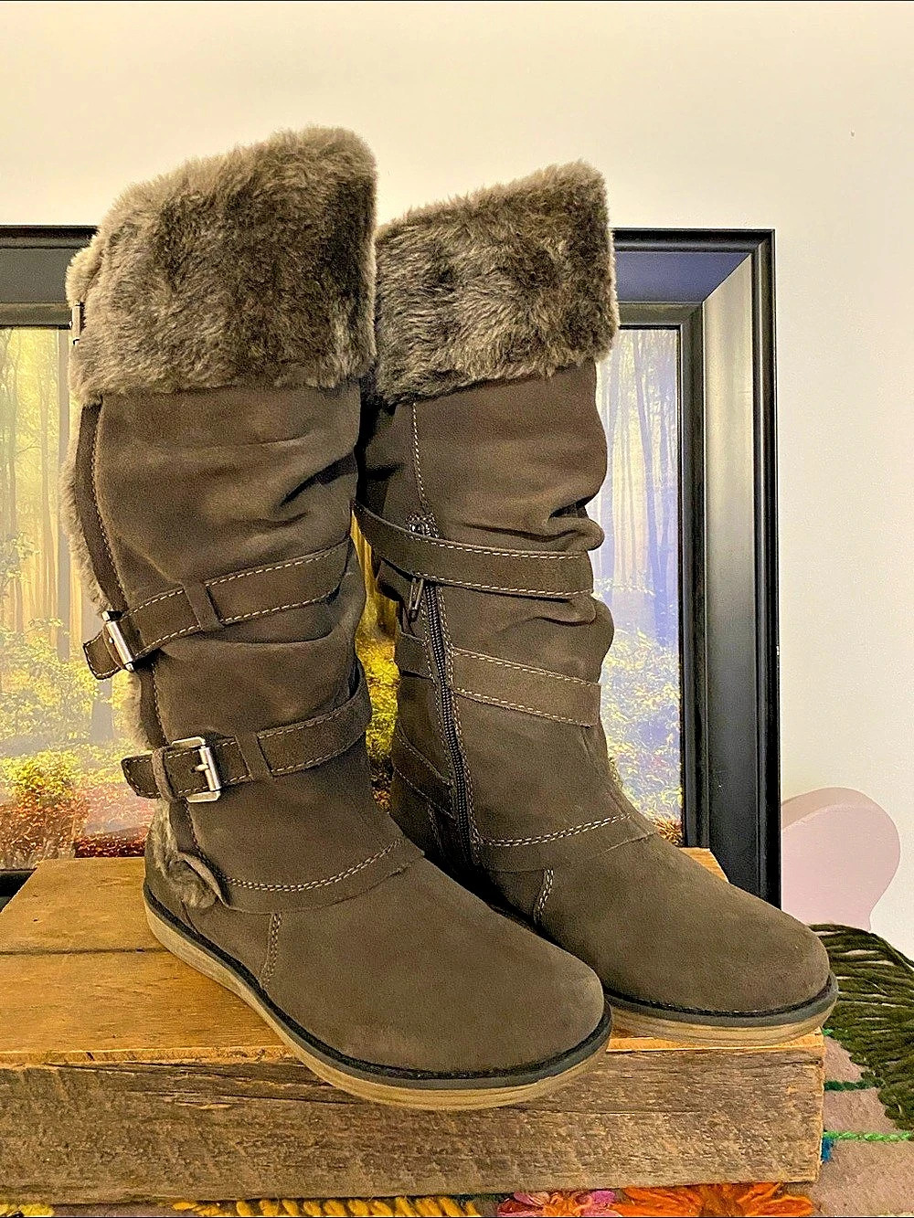 Bape Traps Brown/Gray Fur-Cuff Buckle Boots